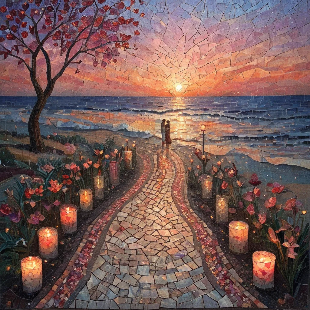valentines day, vintage, intimate, candles, lovebirds, garden setting, hand-in-hand walks along the beach at sunset, soft, dimmed lights , ArsMJStyle, Mosaic art <lora:ArsMJStyleSDXL_-_Mosaic:0.9>