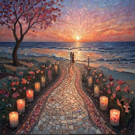 valentines day, vintage, intimate, candles, lovebirds, garden setting, hand-in-hand walks along the beach at sunset, soft, dimmed lights , ArsMJStyle, Mosaic art <lora:ArsMJStyleSDXL_-_Mosaic:0.9>