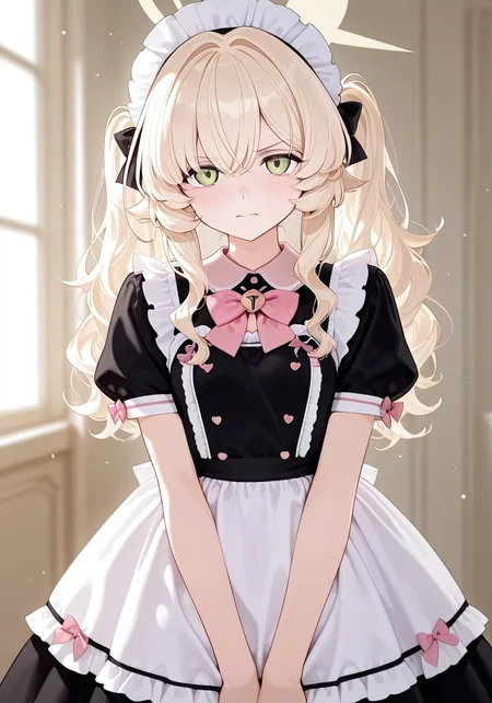 Beautiful detailed girl, Lovely face, Delicate detailed eyes, Diamond and glaring eyes, Subject featured prominently, Light particles, Depth of field,Masterpiece, Extremely detailed CG unity 8k wallpaper, Best quality, Illustration, Artbook, Intricate detail, Unity Creations, Game CG, Finely detail, Amazing, Highres,Solo, Female focus, source_anime,sts-foreshortening-v2,

professor niyaniya \(blue archive\),(alternate costume, alternate hairstyle, maid dress, pink bow, frills, short sleeves, maid headdress:1.3),

score_9_up,score_8_up,
1girl,looking at viewer, 

