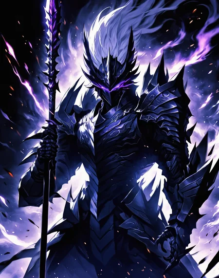 <lora:Dark_Aura_XL_-_Filled_with_miasma:1> dark aura, dynamic angle, 8K, HD, Illustration, official artwork, anime style, wallpaper, official art, dragoon holding a spear