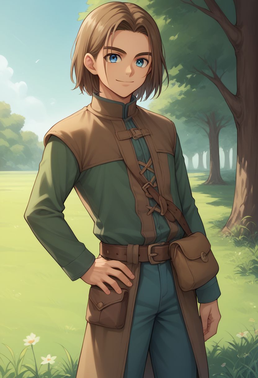score_9, score_8_up, score_7_up, source_anime, highly detailed, 1boy, solo, male_focus, 
solo, 1boy, male focus, brown hair, blue eyes, standing,
hand on hip, belt, long sleeves, pouch, pants, medium hair,
outdoor, grass, tree, smile,