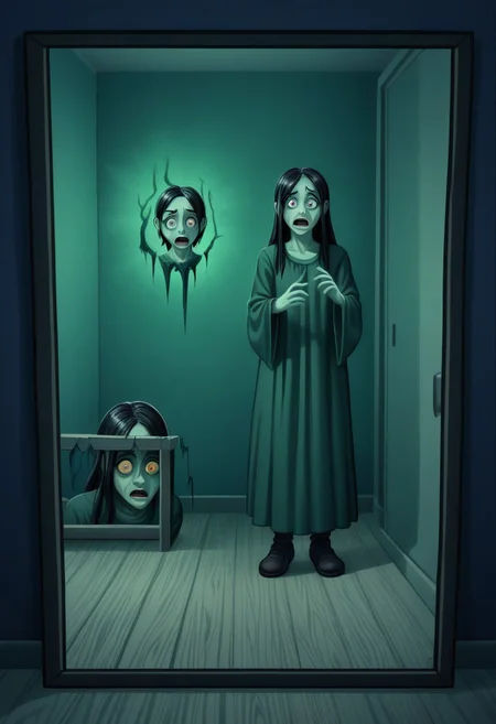 The Shining film style: above average horror tension, Jack and ghostly woman, seduction, deception, transformation, room 237, mirrors, eerie silence
building suspense, shock, psychological tension