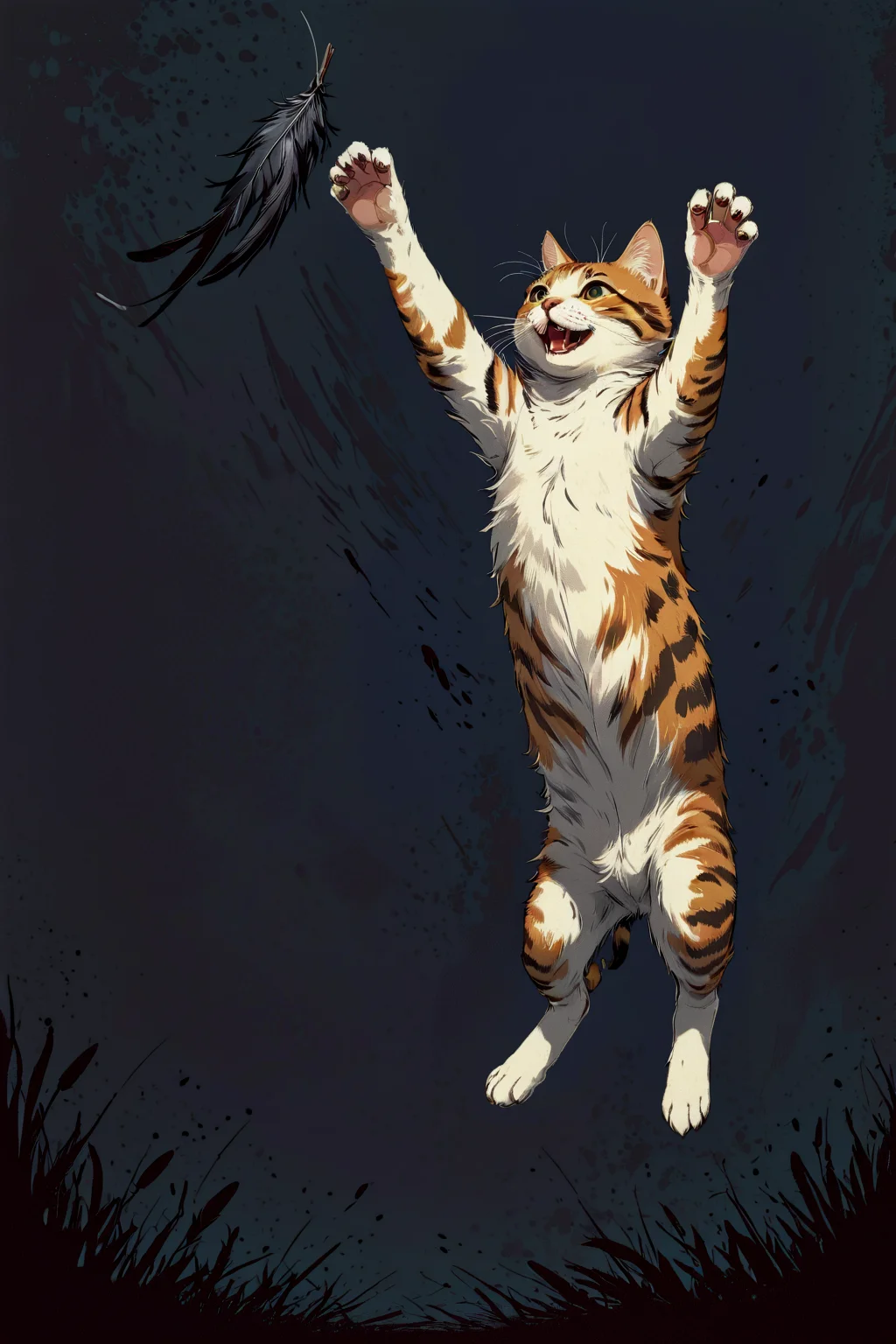 breathtaking professional dark and gritty vector illustration of a happy leaping cat, reaching high with his claws for bird feathers