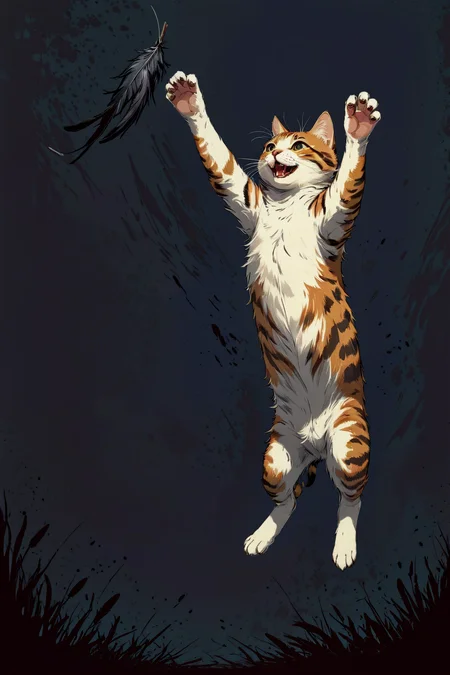 breathtaking professional dark and gritty vector illustration of a happy leaping cat, reaching high with his claws for bird feathers