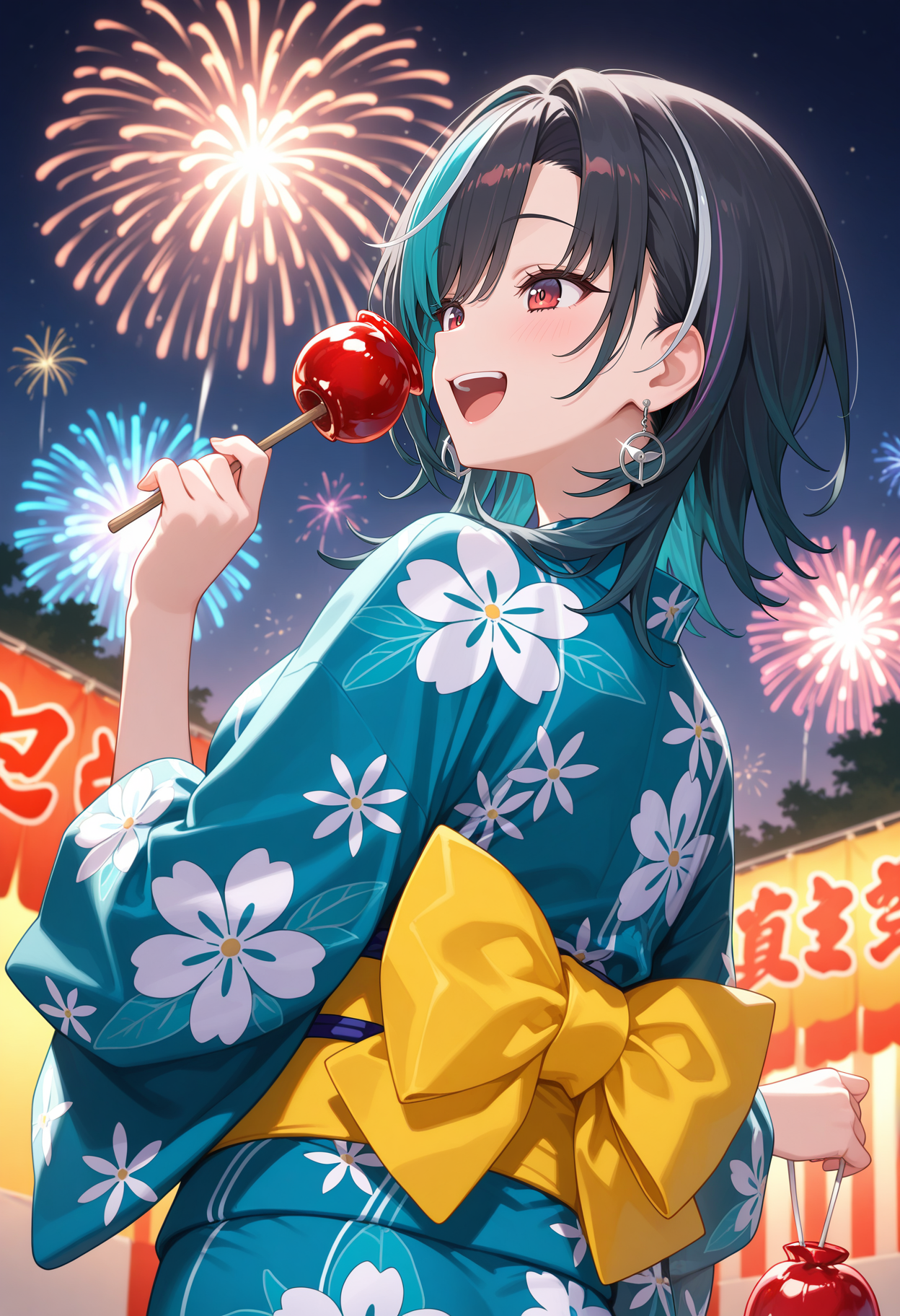 best quality, masterpiece, 1girl, aachihaya, medium hair, multicolored hair, black hair, earrings, red eyes, <lora:rindo_chihaya_ilxl_v1:0.9>, night, summer festival, outdoors, yukata, floral print, from behind, smile, laughing, fireworks, holding candy, candy apple, solo,