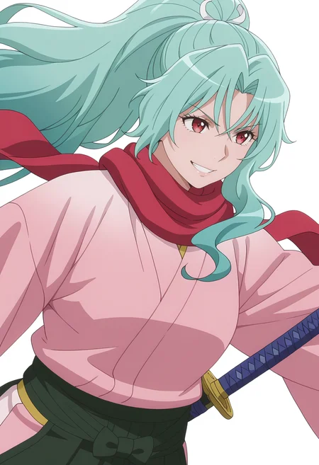 Smooth Quality,masterpiece, ultra realistic,
simple background, white background,
dynamic angle,grin,wind,
<lora:Tomoecnn:0.8> sofia/cnn, 1girl, long hair, scarf, ponytail, red eyes, japanese clothes, katana, green hair, very long hair,