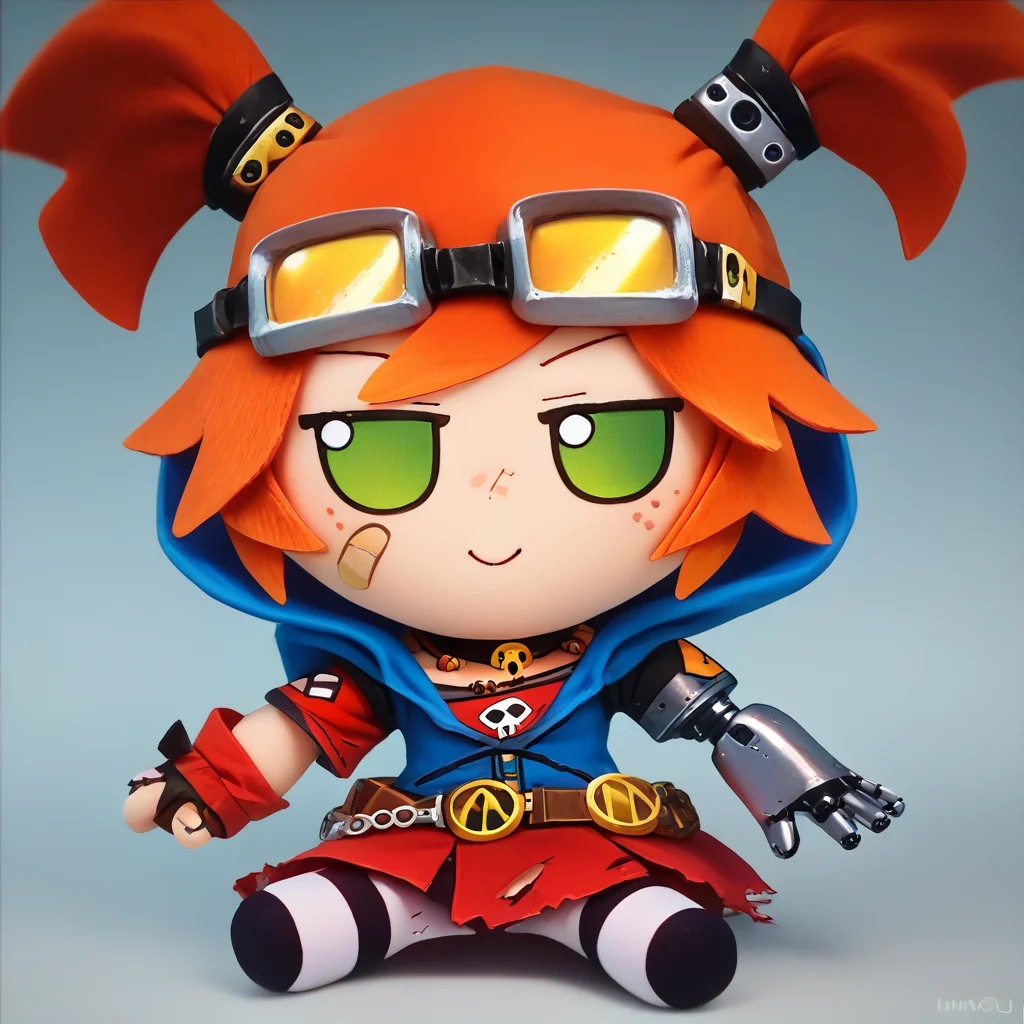 score_9, score_8_up, score_7_up, fumo \(doll\), chibi, solo, 1girl, gaigebl2, smile, sitting, twintails, freckles, single mechanical arm, goggles on head, bandaid on face, choker, gloves, belt, skirt, striped pantyhose, hood, necklace, torn clothes <lora:style_toyfumo_ponyXL-000006:1> <lora:gaigebl2-guy-v1PONYXL:0.9>