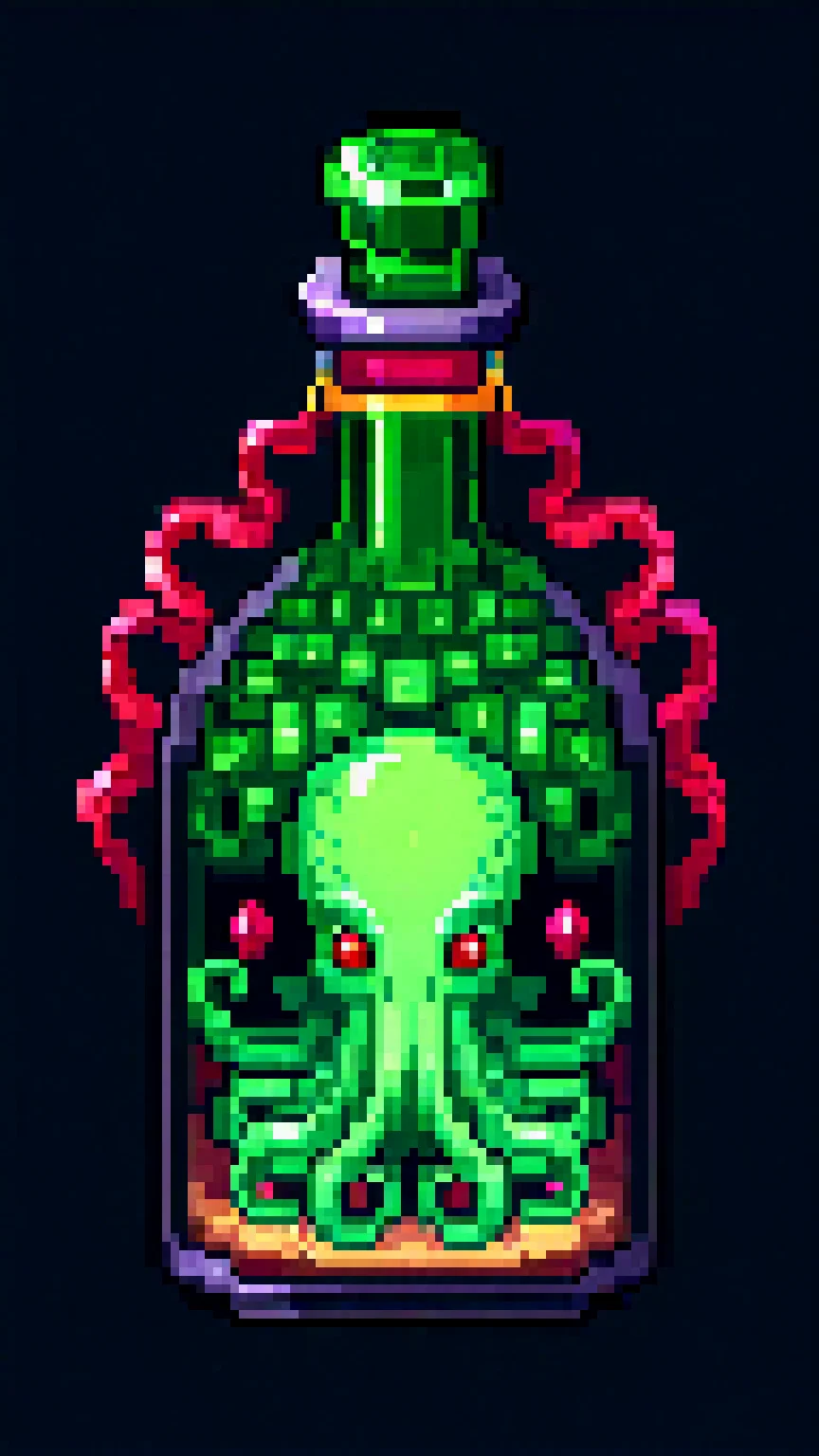 pixel art, cartoon illustration, tentacle green big bottle, lovecraft, Cthulhu, ruby gems, simple black background, game icon