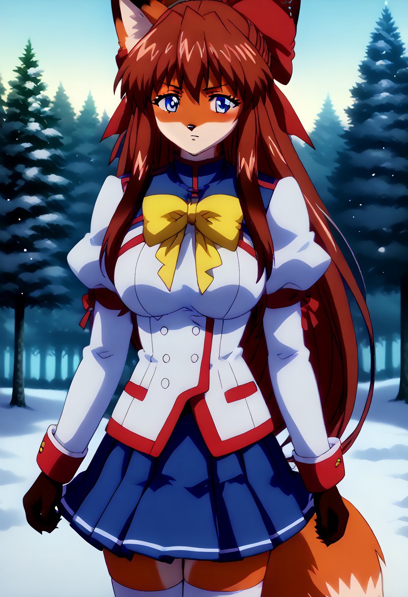 score_9, score_8_up, score_7_up, high res, best quality, (((fox))), fluffy_new_year, merry_furistmas, anime screencap,
KanzakiaoiTB fox, KanzakiaoiTB, tbuniform, solo, female focus, long hair, brown hair, hair ribbon, bangs, blue eyes, school uniform, skirt, thighhighs, long sleeves, white jacket, blue skirt, miniskirt, puffy sleeves, pleated skirt, large breast,
forest, snow, Christmas, anime screencap, anime coloring, shiny, <lora:Fluffy_New_Year__Merry_Furistmas:1>