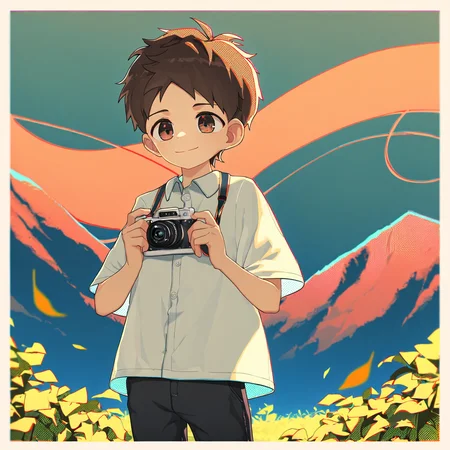 masterpiece, best quality, koemixpi-style, outdoors, mountains, evening, white border, 1boy, solo, young, brown hair, shirt, pants, standing, wind, leaves, holding camera, closed mouth, smile, depth of field, chromatic aberration, screentones, geometric shapes <lora:koe-mixpi_naiXL_v3b_ShoAI:1>