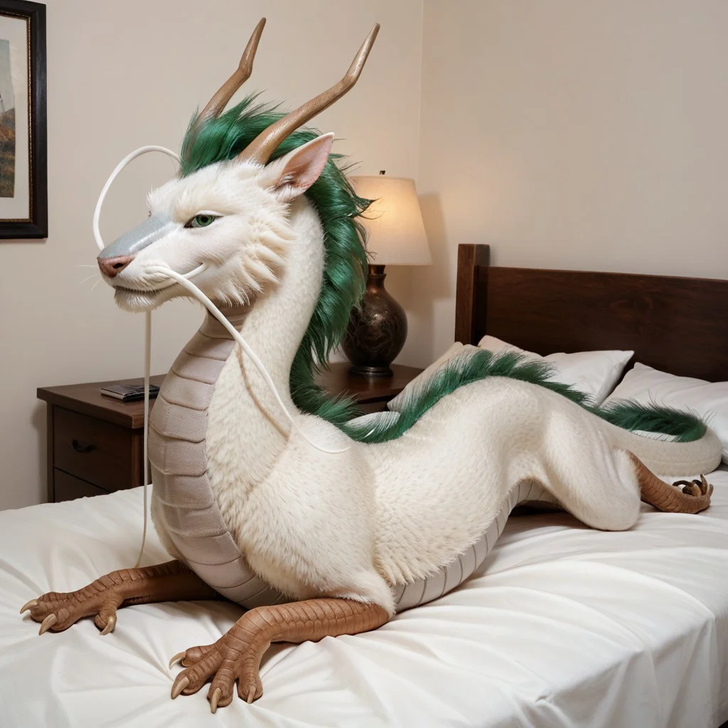 score_9, score_8_up, score_7_up, score_6_up, score_5_up, score_4_up, masterpiece, high quality, realistic, detailed, best quality, white bed, solo, rating_safe, source_furry, bedroom, smiling, seductive, looking at viewer, lying on stomach, full body, detailed eyes, feral, haku_sa, eastern dragon, white fur, green mane, horns, tail, claws, long white whisker, male, 1boy, green eyes