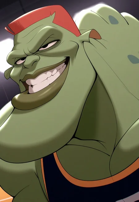 bang_(space jam), solo, grin, green skin, black eyes, muscular, dynamic angle, face focus, portrait, tank top, BREAK masterpiece, best quality, amazing quality, very aesthetic, high resolution, 4K, ultra-detailed, depth of field, separate focus, newest, detailed background, beautiful, cinematic lighting