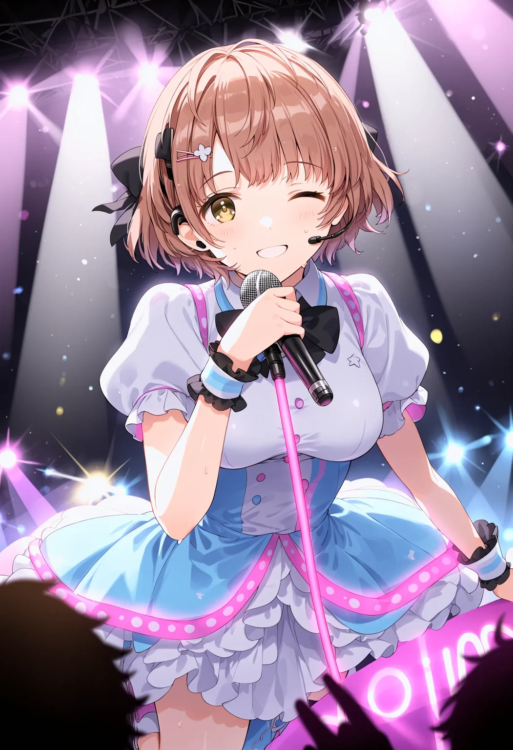 h_ikuta, score_9, best quality,
1girl, solo, short hair, bangs, brown hair, pink hair, hair bow, black bow, hairclip, hair ribbon, yellow eyes, brown eyes, medium breasts, blush, embarrassed, smile, happy, one eye closed
sweat drop, pink glowstick, pink lights, bare arms, multicolored dress, boots, concert, detached sleeves, dress, holding, holding microphone, idol, idol clothes, indoors, posing on stage, microphone, puffy detached sleeves, puffy short sleeves, puffy sleeves, short sleeves, solo focus, spotlight, idol concert, looking at viewer, headset, colorfull stage, stage lights, pillar, neon
<lora:h_ikutaXL_pony:1>