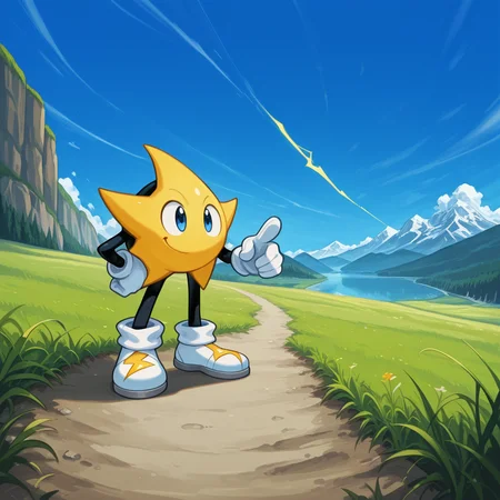 score_9, score_8_up, score_7_up, score_6_up,masterpiece,highly detailed,simple colors,1boy,pov,ristar,facing viewer,white gloves,white shoes, white shoes,yellow lightning bolt logo on shoes,standing,hand on hip,pointing at viewer,smiling,Earth P4r4d1s3,blue sky,grass,waterfalls