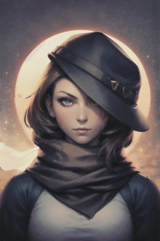 artgerm, 1girl, masterpiece, detailed, shirt, looking at viewer, hat, portrait, long scarf, solo, night, <lora:artgerm_v1:0.6>