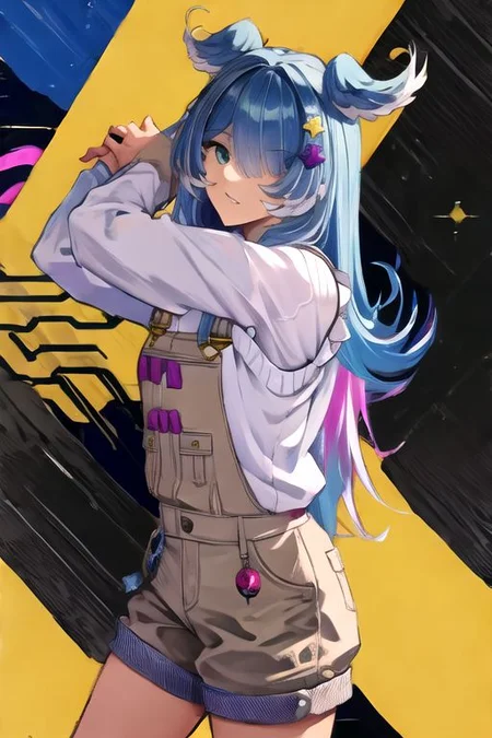 solo, 1girl, solo_focus, (((masterpiece))), ((best quality)), ((ultra-detailed)), high resolution, absurdres, highres, ultra-detailed 8k unity wallpaper,
elira1st, long sleeves, overalls, white sweater, off shoulder, grey gloves, one eye covered, overall shorts