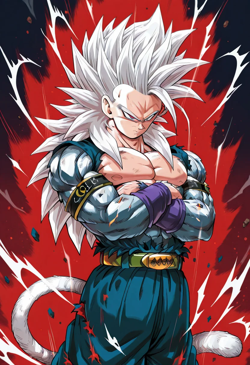 masterpiece, best quality, solo, zzGokuSSJ5, white hair, closed mouth, belt, torn clothes, abs, pectorals, armband, <lora:GokuSuperSaiyan5_IXL:0.7>, muscular, crossed arms, spiked hair, serious, aura, super saiyan, monkey tail, vegeta, , <lora:DragonballHype_IXL:0.7>,
