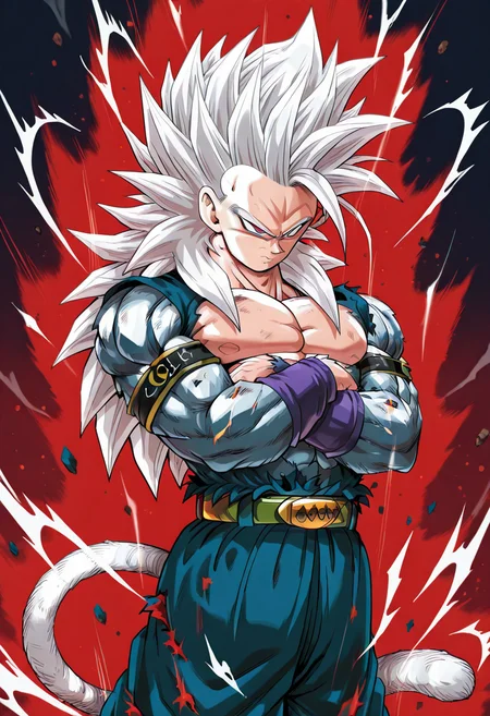 masterpiece, best quality, solo, zzGokuSSJ5, white hair, closed mouth, belt, torn clothes, abs, pectorals, armband, <lora:GokuSuperSaiyan5_IXL:0.7>, muscular, crossed arms, spiked hair, serious, aura, super saiyan, monkey tail, vegeta, , <lora:DragonballHype_IXL:0.7>,