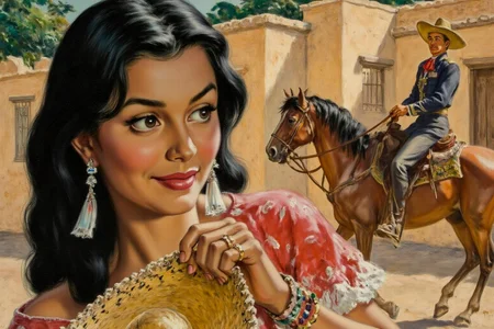 walterbaumhofer1 painting.
A Latina woman holds a colorful, patterned sombrero, wearing large dangling earrings and multiple bracelets. Behind her, a man on horseback wears a traditional U.S. cavalry outfit. A rustic building with adobe-style architecture is in the background. <lora:walterbaumhofer1_cap_d8a4e12:1.0><lora:849099661926005182:0>