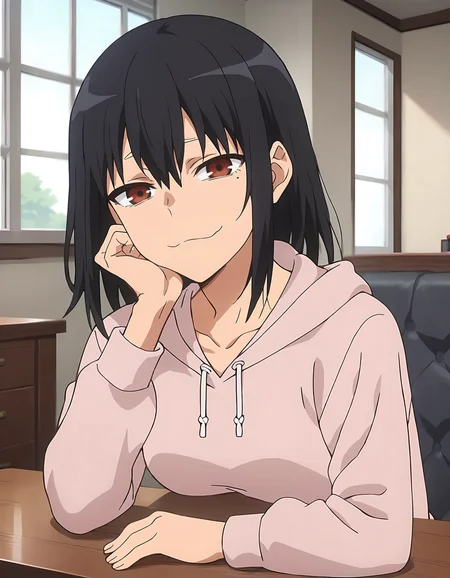 score_9, score_8_up, score_7_up, score_6_up, score_5_up, score_4_up, source_anime, <lora:Anetoro_T2V2:0.85>,
1girl, solo,  anime screencap,
Anetoro_T2V2, black hair, medium hair, hair between eyes, sidelocks, brown eyes, red eyes, medium breasts,
pink hoodie, hood down, long sleeves, collarbone, drawstring, 
hand up, hand on own chin, head tilt, head rest, 
looking at viewer, smug, closed mouth, :3,
indoors, living room, table, window, upper body,