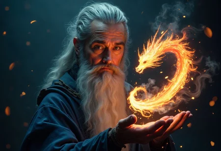 A close-up, cinematic painting of Gandalf the Grey, captured from the chest up with a focused, intimate crop. He looks directly into the viewer’s eyes, a gentle hint of a smile in his gaze, exuding wisdom and warmth. His hand is raised and open, fingers slightly curled as he conjures an ethereal, fiery dragon made entirely of fireworks and smoke that hovers just above his palm.
The fireworks dragon is brilliantly detailed, its form composed of vibrant, swirling fire and faint, smoky wisps. The dragon appears to be alive, its body coiling gracefully in mid-air, each scale flickering with a fiery glow that pulses in shades of deep orange, crimson, and gold. Its eyes burn intensely, and its open jaws release tiny sparks, casting a warm, shifting light that illuminates Gandalf’s face and hand. Delicate trails of smoke spiral off its wings and tail, fading into the surrounding air, giving it an ephemeral, almost ghostly quality.
The background is a rich, dark blue, fading into shadow to allow the glowing dragon to stand out vividly. Soft, volumetric lighting surrounds Gandalf’s hand and the dragon, creating a sense of depth and atmosphere as light reflects off particles of magic dust floating in the air. The dragon’s smoke and fire blend seamlessly, with the tail and wings leaving shimmering trails that drift away like the remnants of a sparkler, adding movement and a sense of awe to the scene.