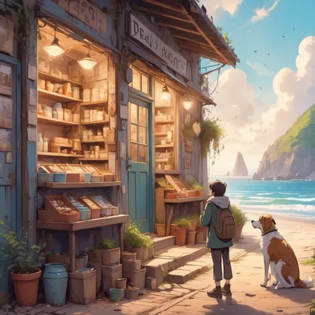Dreamyvibes artstyle, a lost dog looks up at a small pottery store on the side of a road near the beach <lora:Dreamyvibes - Alt-Version - Trigger is Dreamyvibes Artstyle:1>