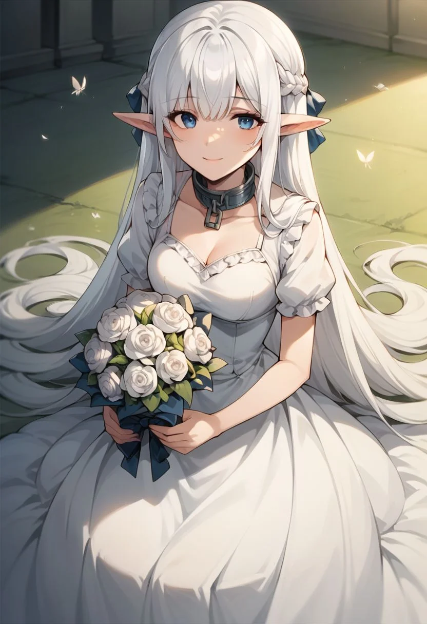 score_9, score_8_up, score_7_up, score_6_up, score_5_up, score_4_up,nephilia, 1girl, blue eyes, solo, pointy ears, long hair, dress, smile, flower, white dress, collar, bouquet, white hair, braid, very long hair, bug