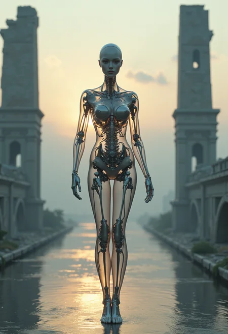 A masterpiece of (outstanding) style created by the collaboration of Edward Burne-Jones and Hajime Sorayama. Imagine a photograph that captures the essence of both Edward Burne-Jones's ethereal, dreamlike style and Hajime Sorayama's futuristic, robotic aesthetics in perfect harmony. The scene is set against a soft, pastel-colored sky at twilight, with a gentle golden light casting long shadows.The main subject is an intricate, lifelike female figure standing gracefully on a moonlit bridge. Her form is fluid yet precise, reminiscent of Burne-Jones's flowing lines and ethereal elegance. The woman's body appears semi-transparent, allowing her internal machinery to be subtly visible through her skin. This blend of classic beauty with advanced technology creates an otherworldly scene.The figure’s face has large, expressive eyes that seem to peer directly into the viewer's soul, adding a hint of Sorayama's signature gaze and intricate facial features. Her limbs are elongated and graceful, yet with subtle mechanical joints and gears visible at key points, giving her an almost supernatural elegance.In the background, the bridge stretches out over a serene, moonlit lake with ripples that reflect the soft, glowing light. On either side of the bridge, towering silhouettes of ancient, crumbling architecture suggest a blend of classical and futuristic elements. A faint digital haze in the background adds to the surreal, dreamlike quality.The angle of the photograph is slightly from above, looking down at the figure from a perspective that emphasizes her elegance while also highlighting the intricate details of both her organic and mechanical components. The composition is balanced with the bridge framing the scene, leading the viewer’s eye through the image towards the horizon.This unique perspective not only showcases the collaboration's artistic vision but also creates an visually impactful and emotionally engaging photograph. HD32K, hyperdetailed, best quality, aidmaMJ6.1.
