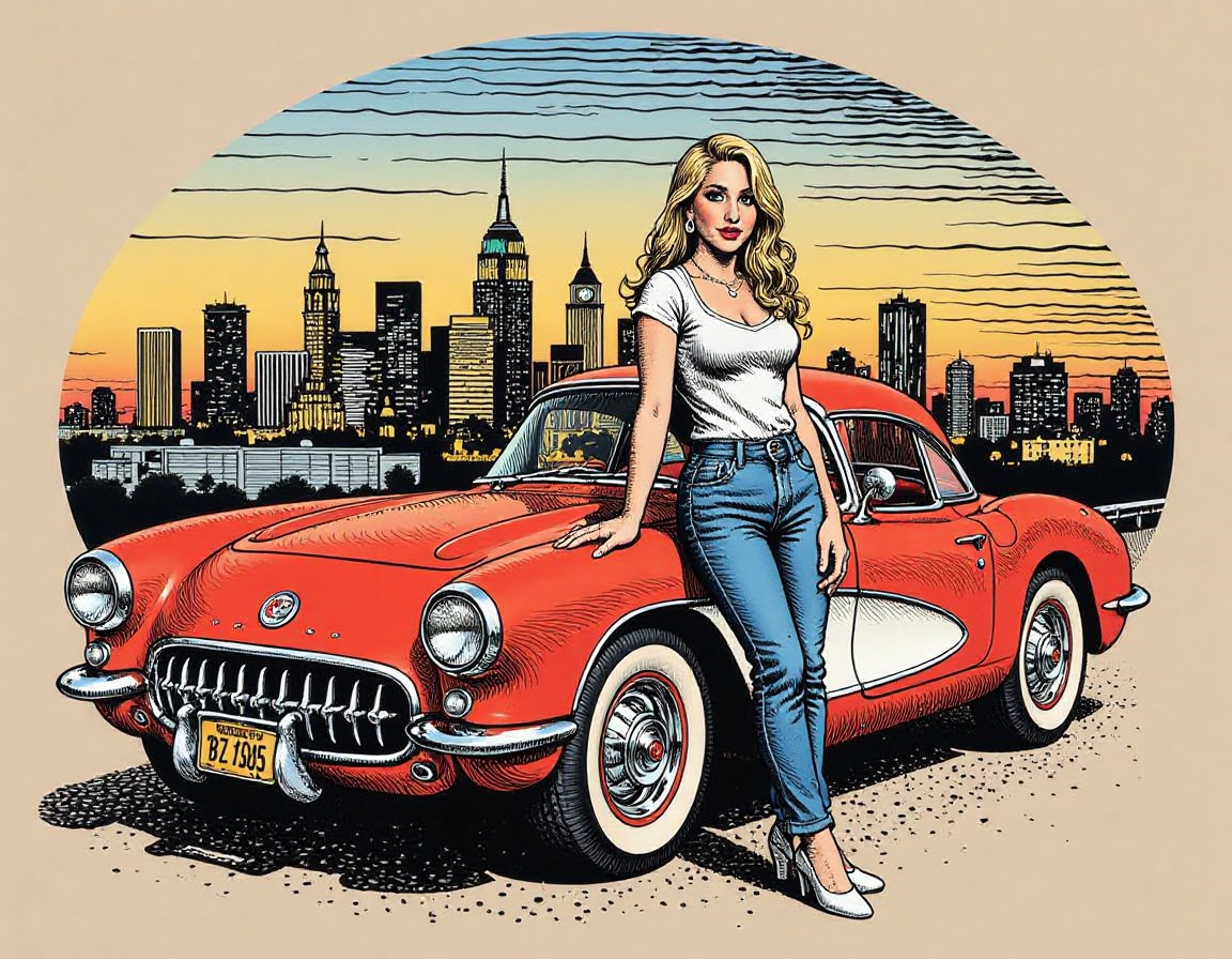 oval tshirt design, illustration of a pretty woman leaning on a classic corvette, Los Angeles city skyline in the background, in the style of r0b3rt_crum8