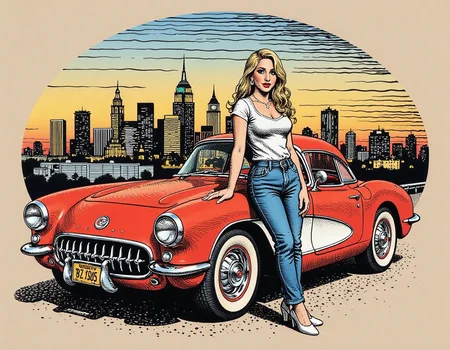 oval tshirt design, illustration of a pretty woman leaning on a classic corvette, Los Angeles city skyline in the background, in the style of r0b3rt_crum8