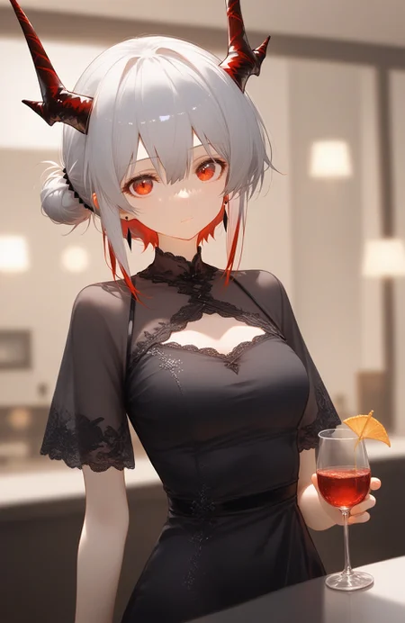 softnai3style,
<lora:softNai3Style01:1>,
1girl, solo, w \(arknights\), red eyes, horns, earrings, hair bun, upper body, looking at viewer, jewelry, alternate costume, short sleeves, white hair, blurry, cup, multicolored hair, drinking glass, short hair, blurry background, two-tone hair, grey hair, hair between eyes, demon horns, dress, black dress, signature, closed mouth, indoors, red hair,,