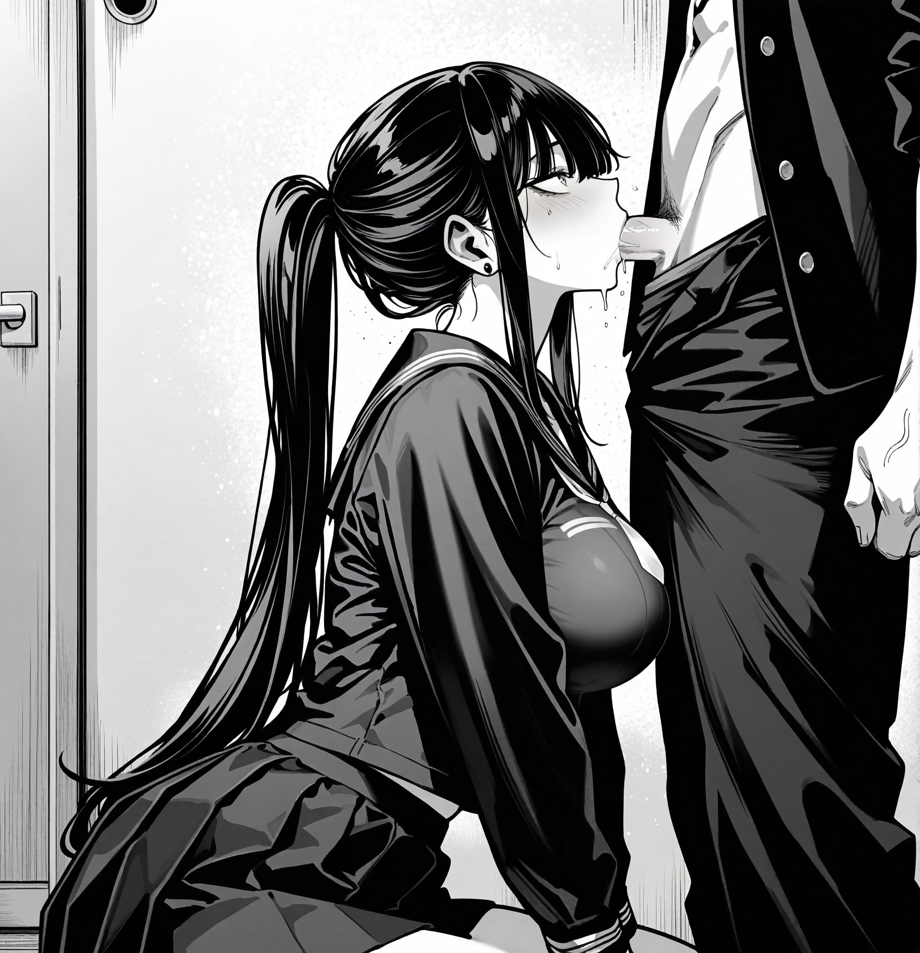<lora:add-detail-xl:0.5>,masterpiecebest quality,anime coloring,anime screenshot,
<lora:bouryokubannzai:1>bouryokubannzaiV1,
1girl,1boy, 
greyscale,monochrome,
school uniformlong hair,
breasts,skirt,
serafuku,
b_rikudou,
implied blowjob ,
BREAK
sittung male,
shirt,b_yakuza,
long bangs,tied back hair,
