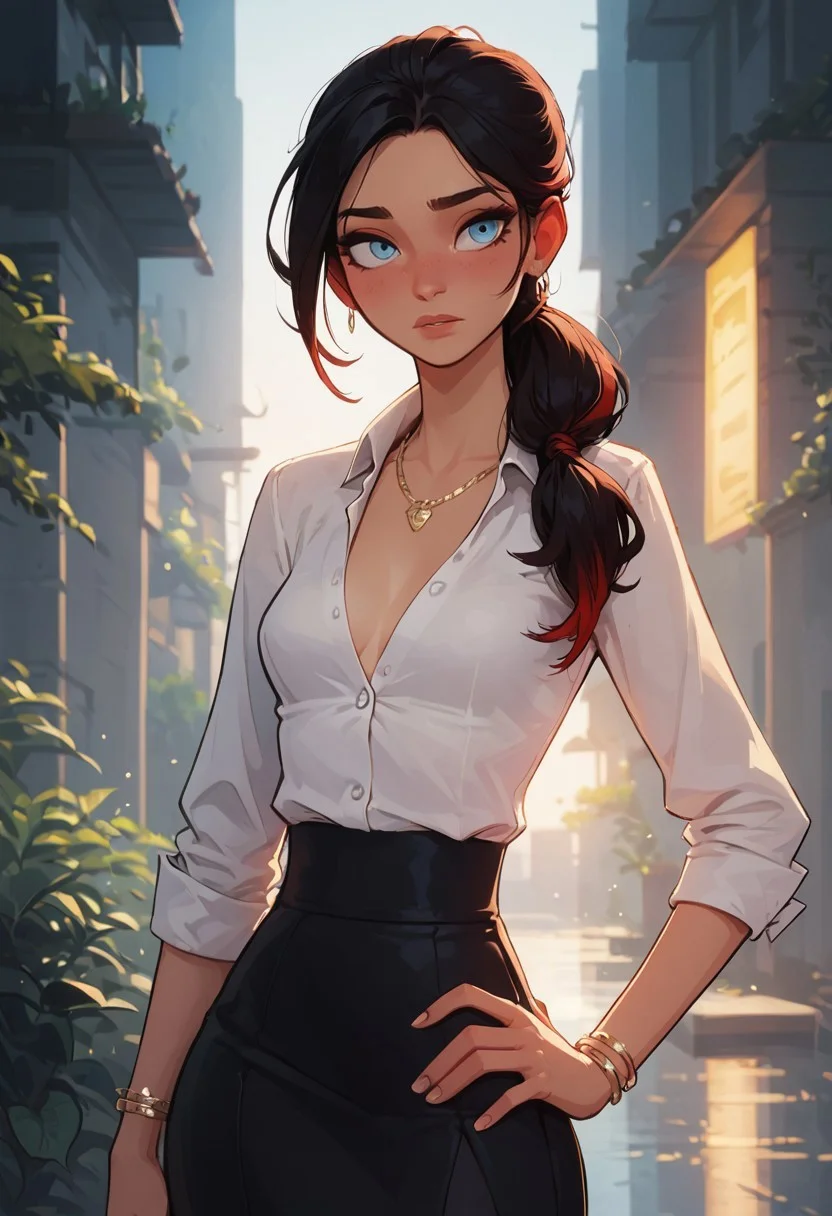 safe_pos, score_9, score_8_up, score_8, 1girl, solo, perfect face, light blue eyes, boot heels, formal white shirt, black skirt, cowboy shot, small breasts, long black hair, red highlights, elegant ponytail, bracelet, necklace, parted bangs, shy, sweet, hand on hip, volumetric lighting, cinematic lighting, blurry background, close up