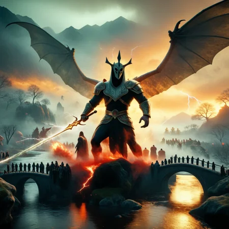score_9, score_8_up, score_7_up, The Guardian of the Reach is the mountain kingdom's champion, a winged deathknight, he wields a lightning blade, and he has never been bested in combat, | (The Queen of the Wider Realms has called forth a champion from each of the seven kingdoms to fight in The Grand Tournament, At the opening ceremonies,  champions of the other six kingdoms, all showing visible signs of fear or discomfort, at the prospect of having to duel The Guardian of the Reach), a weather-worn hooded cloak that hides his face in shadow like a Ringwraith, while his polished mithril armor gleams without a scratch on it, | cinematic concept art, keyframe, in Fantasy Art style, with intricate details, vibrant colors, and volumetric lighting, inspired by ArtStation fantasy illustrations, high resolution, focused subject, (detailed background), epic, exquisite composition, visual storytelling techniques, extreme-wide shot, ruanyi0698,bridge,red sky,fog,river,horror theme,crowd,