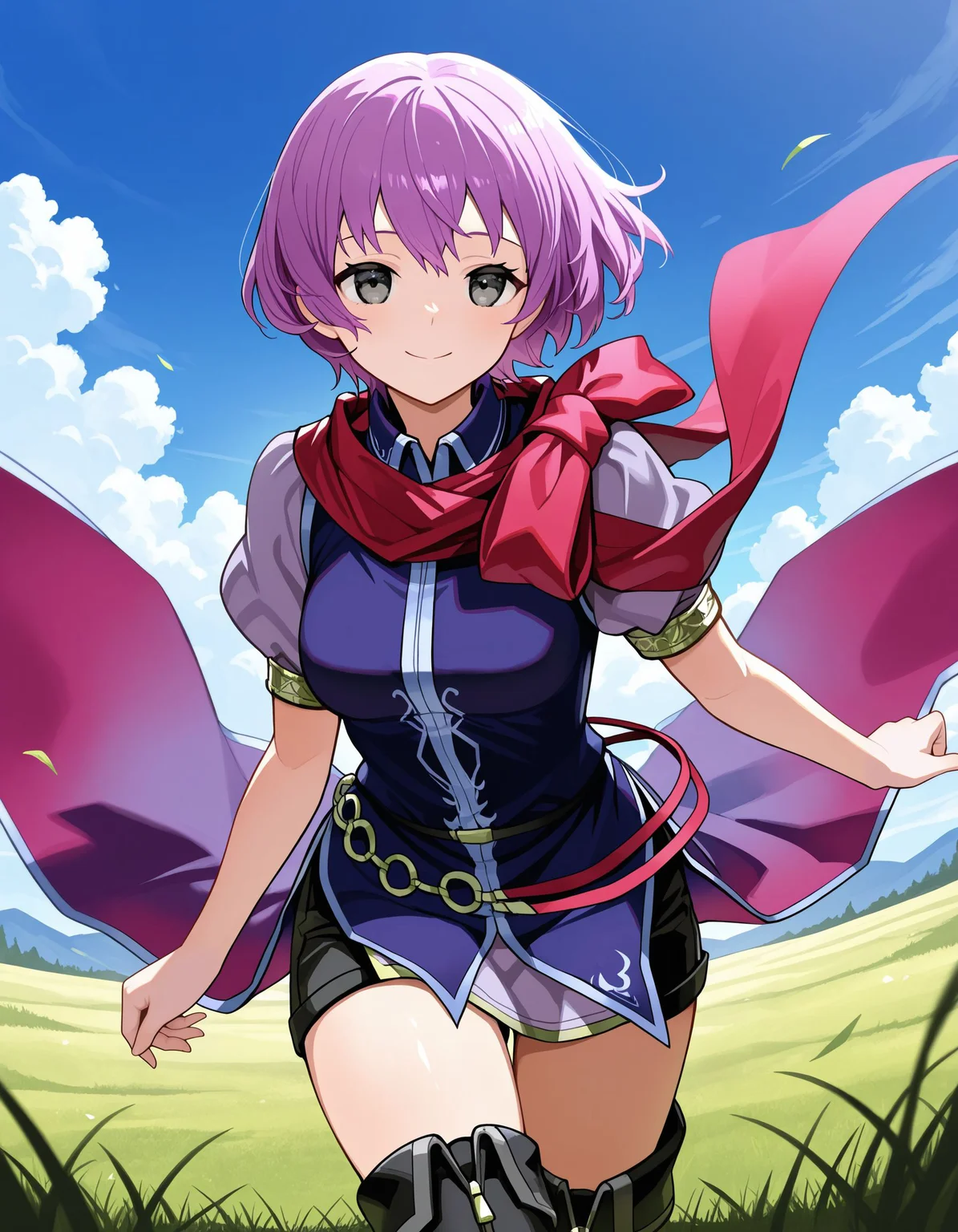 1girl,<lora:katarina feh_illustriousXL:0.8>,katarina feh,scarf,purple dress,black belt,o-ring belt,black shorts,thigh boots,cowboy shot,standing,smile,looking at viewer,blue sky,grass,masterpiece,best quality,amazing quality,