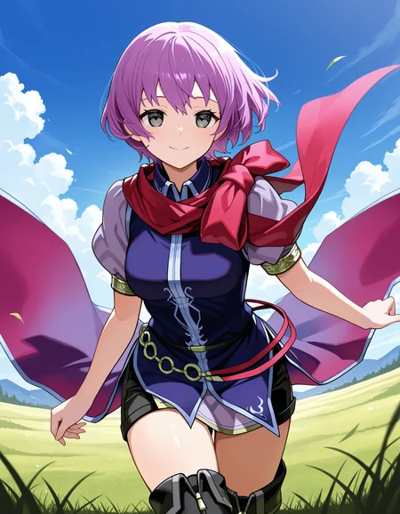 1girl,<lora:katarina feh_illustriousXL:0.8>,katarina feh,scarf,purple dress,black belt,o-ring belt,black shorts,thigh boots,cowboy shot,standing,smile,looking at viewer,blue sky,grass,masterpiece,best quality,amazing quality,