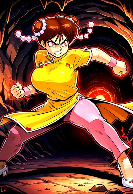 masterpiece, best quality, amazing quality, very aesthetic, absurdres, newest, larffl3, 1girl, tall, large breasts, double bun, hair pearls, short brown hair, yellow china dress, single pink wristband, glowing red eyes, pink pants, white pumps, inside cave, angry, scowl, clenched teeth, fighting stance