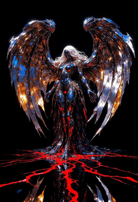 "Digital art, a mythical, beautiful female figure with flowing, sleek silver metallic hair and a gleaming chrome body, standing on her hind legs in a dynamic, leaning-forward pose. Her massive bat-like wings are spread wide, reflecting radiant hues of deep silver and metallic blue, their edges sharp and intricate. Fearsome claws and glistening teeth add an element of predatory elegance, amplifying her imposing presence. She stands against a pitch-black background, the glossy, reflective floor beneath her mirroring her striking form. Crimson streaks of light streak across the floor, bleeding into the darkness, heightening the eerie and mysterious atmosphere. The composition highlights her powerful wingspan and commanding pose, with cinematic lighting accentuating the polished chrome surface, capturing every contour and detail with precision. The intense contrast between her radiant figure and the shadowy void intensifies the image's dramatic effect. The mood is dark, awe-inspiring, and otherworldly. HD, 8K, masterpiece, ultra-detailed, cinematic lighting, f/1.4 aperture, wide-angle view, polished anatomy, and vibrant, dramatic reflections."