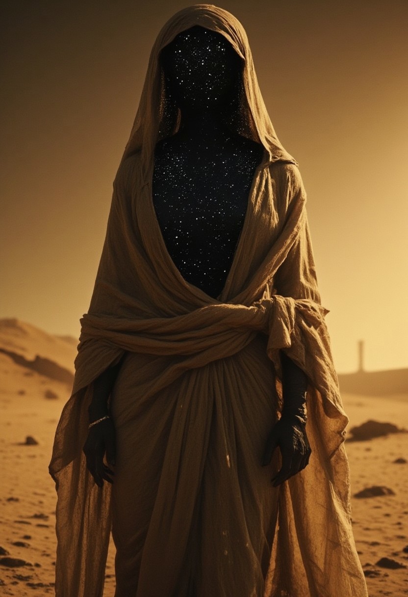 M100-style, motion lines, Extreme Upper Body Closeup, Create an detailed No face Closeup Portrait image of a voluptuous Cleopatra wearing an authentic summer robe with a deep hood. Dense Dust and Sand storm, Her face is hidden, replaced by a void of black space with faintly glowing stars and a pale galaxy visible within the darkness. Holding a giant translucent Glass sword, Atmospheric Haze, The scene is set in the Egyptian desert, near the Nile River, under a dusty and scorching sun. The atmosphere is detailed with moody lighting, capturing the sandy environment of ancient Egypt.