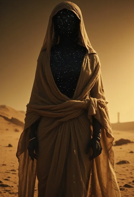 M100-style, motion lines, Extreme Upper Body Closeup, Create an detailed No face Closeup Portrait image of a voluptuous Cleopatra wearing an authentic summer robe with a deep hood. Dense Dust and Sand storm, Her face is hidden, replaced by a void of black space with faintly glowing stars and a pale galaxy visible within the darkness. Holding a giant translucent Glass sword, Atmospheric Haze, The scene is set in the Egyptian desert, near the Nile River, under a dusty and scorching sun. The atmosphere is detailed with moody lighting, capturing the sandy environment of ancient Egypt.