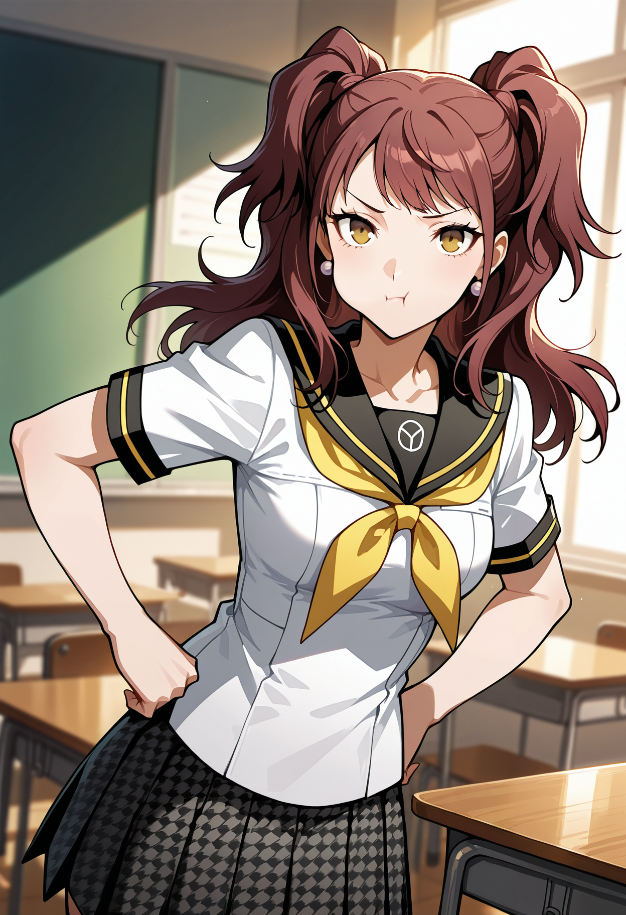 (masterwork, masterpiece, best quality, hyper-detailed),
1 girl, solo, 
p4rise, kujikawa rise, twintails, long hair, brown hair, earrings
p4rise-sumuni, yasogami school uniform, serafuku, short sleeves, white shirt, skirt, pleated skirt, houndstooth,
classroom, standing, looking at viewer, hands on hips, pout, (puffy cheeks, cheek bulge:0.85),