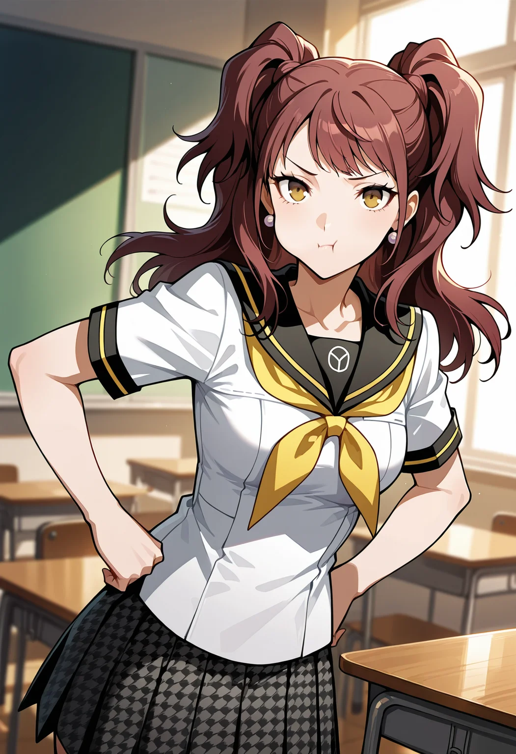 (masterwork, masterpiece, best quality, hyper-detailed),
1 girl, solo,
p4rise, kujikawa rise, twintails, long hair, brown hair, earrings
p4rise-sumuni, yasogami school uniform, serafuku, short sleeves, white shirt, skirt, pleated skirt, houndstooth,
classroom, standing, looking at viewer, hands on hips, pout, (puffy cheeks, cheek bulge:0.85),