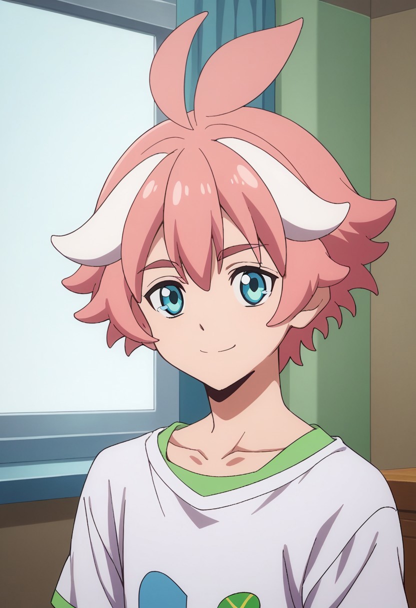 score_9, score_8_up, score_7_up, source_anime, highly detailed, 
itsuki, 1boy, male focus, solo, blue eyes, pink hair, multicolored hair, white hair, ahoge, streaked hair, two-tone hair, t-shirt, collarbone, short sleeves, light smile,
indoor, window,