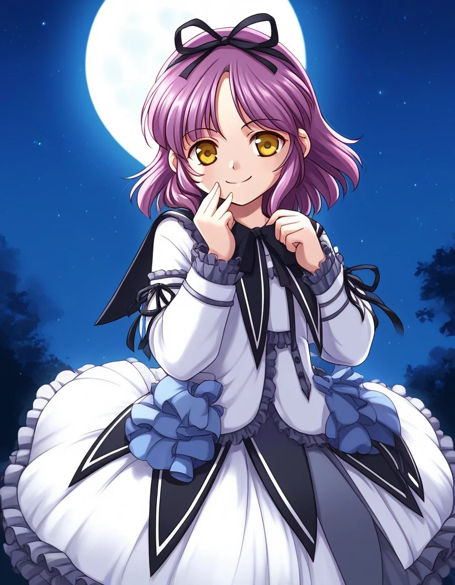 score_9, score_8_up, score_7_up, source_anime, rating_explicit, BREAK <lora:Renne_Bright_XL:1> Renne_Bright, purple hair, medium hair, yellow eyes, hair ribbon, black ribbon, short stack,
1girl, solo, smile, ribbon, dress, bow, frills, white dress, skirt, long sleeves,
night, full moon,
smile,
looking at viewer,
cowboy_Shot,