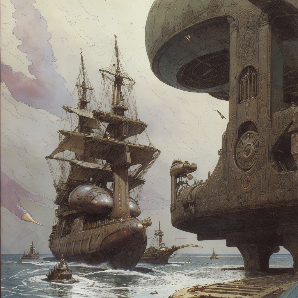 (Masterpiece), artwork, moebius steampunk, a picture of a white egyptian steampunk battleship, passing by on open sea, rain, water-fountains, steamclouds, ship-chimneys, clouded sky, (view from the side), best quality, ultra high res, cinematic lighting, dramatic lighting, glorious, spectacular, dslr, ultra quality, sharp focus, tack sharp, dof, film grain, technicolor, Fujifilm XT3, photorealistic, 8K UHD <lora:Don_Lawrence_Storm_v1:0.9>, dlstormstyle, <lora:Moebius:0.9> <lora:Nouveau_last:0.9>, art nouveau Style