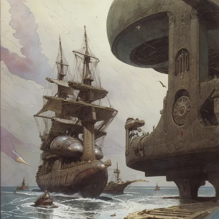 (Masterpiece), artwork, moebius steampunk, a picture of a white egyptian steampunk battleship, passing by on open sea, rain, water-fountains, steamclouds, ship-chimneys, clouded sky, (view from the side), best quality, ultra high res, cinematic lighting, dramatic lighting, glorious, spectacular, dslr, ultra quality, sharp focus, tack sharp, dof, film grain, technicolor, Fujifilm XT3, photorealistic, 8K UHD <lora:Don_Lawrence_Storm_v1:0.9>, dlstormstyle, <lora:Moebius:0.9> <lora:Nouveau_last:0.9>, art nouveau Style