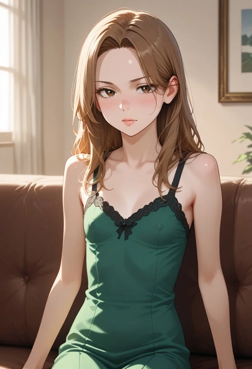 Anime,masterpiece, best quality,very aesthetic,blurry_background
BREAK
1girl,solo,black long hair,brown eyes,(green dress:1.5),( sitting on sofa:1.5),indoors,full body view,casual clothes,
BREAK
,horny,hot, moan,flushed,
Changing expression, moving lines,
clothes,tight clothes, straining clothes,(covered), skindentation,clothes on,
BREAK
,Breasts,erect nipples,
Small breasts, touching yourself, masturbating, grabbing breasts,