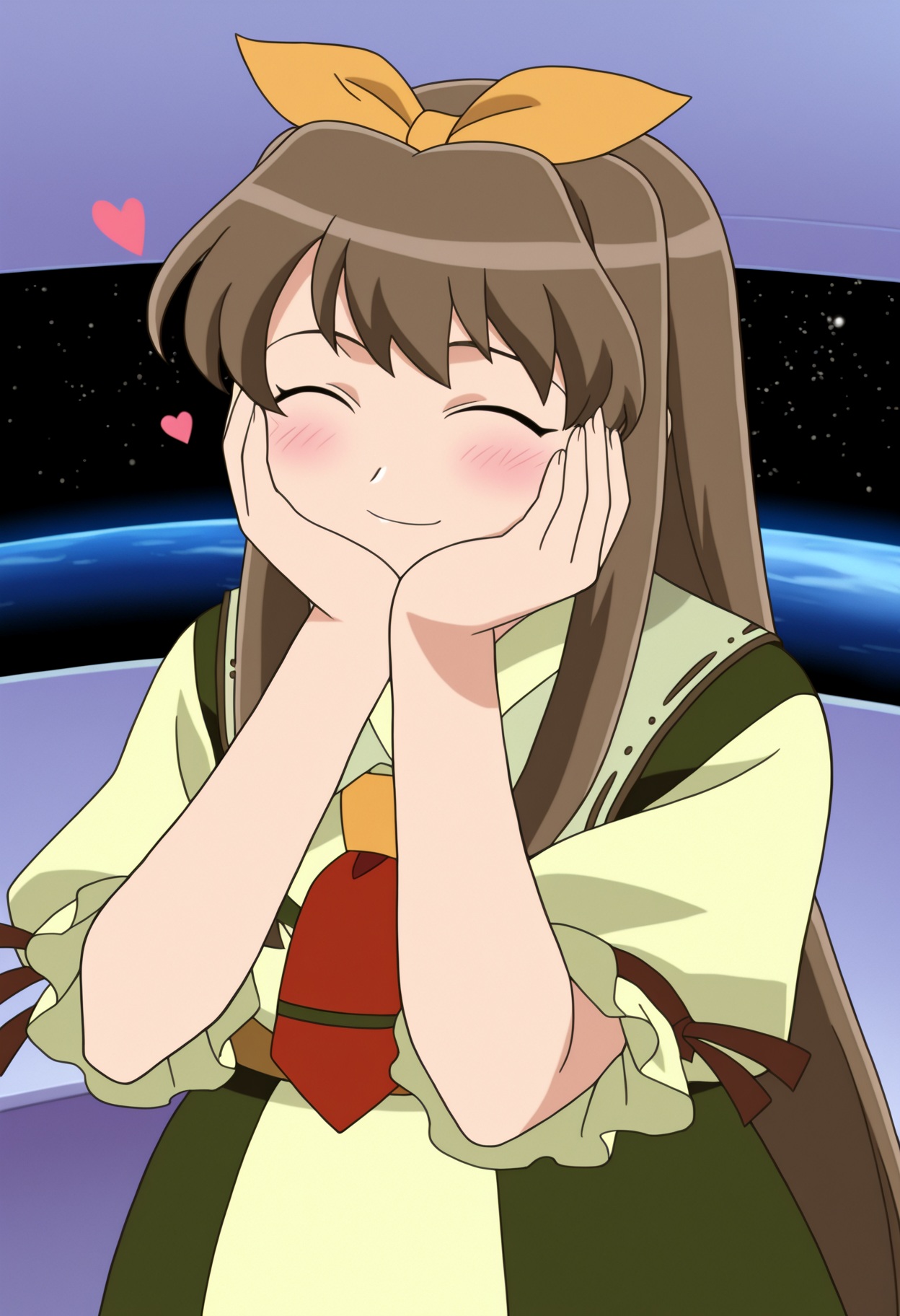 masterpiece, high quality, highres, newest, absurdres, 
1girl, ezra vieil, solo,closed eyes, ^_^,smile, ezra outfit, long hair, bangs, brown hair,closed mouth, standing, hair bow, indoors, space, portrait, hands on own cheeks, happy, blush,