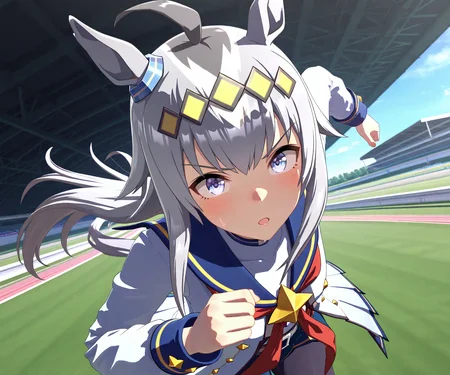 masterpiece, best quality, amazing quality, , 1girl, solo, racetrack, running, <lora:Oguri Cap in game style 3D ILL-v2:1> ummsmingame, 3d, oguri cap \(umamusume\),