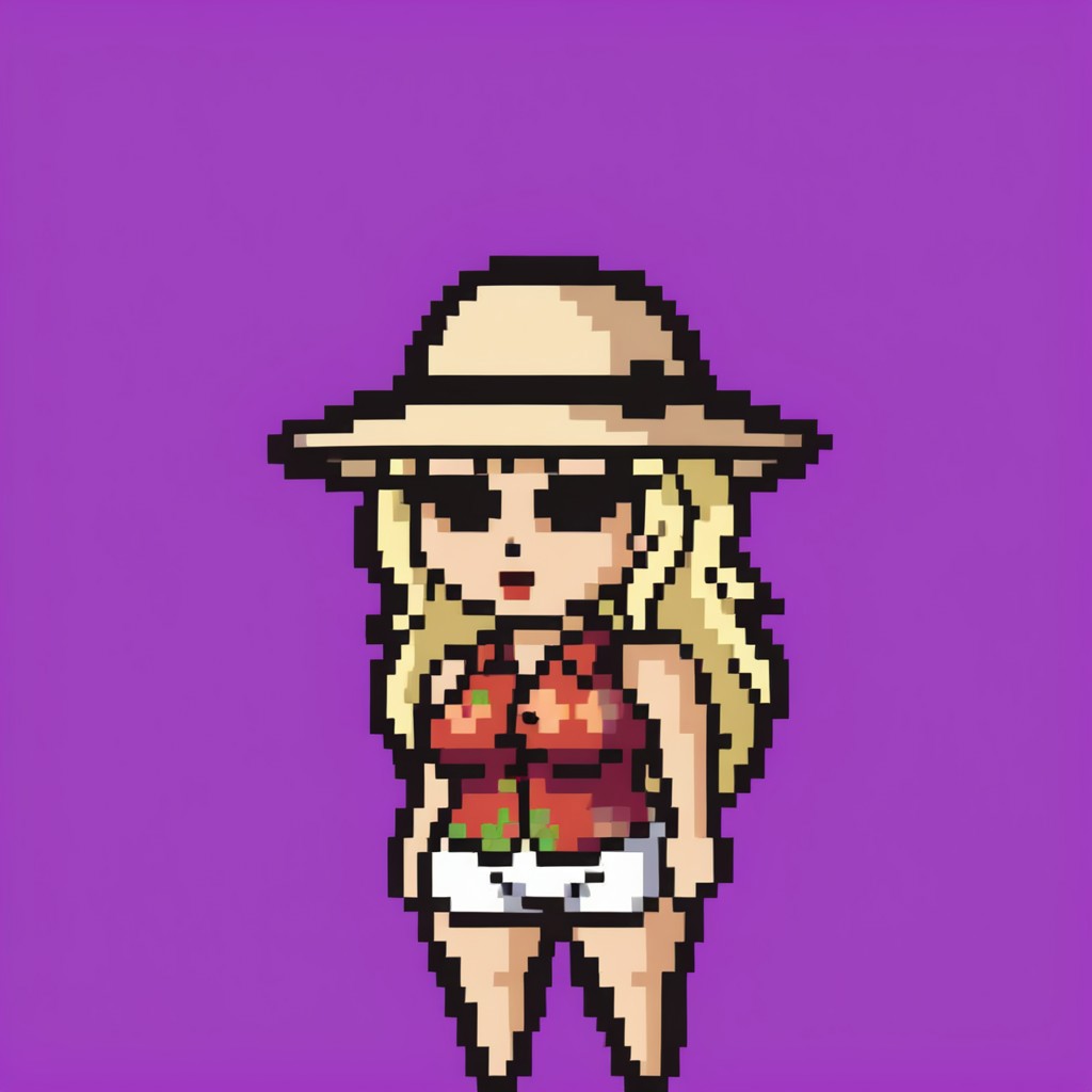 <lora:lisathepointless-v5.4_:1> by lisathepointless, purple background, solo, 1girl, chibi, hawaiian shirt, sun visor hat, breasts, dire, direpony, long hair, blonde hair, black eyes, white short shorts, wide hips, big butt, standing,